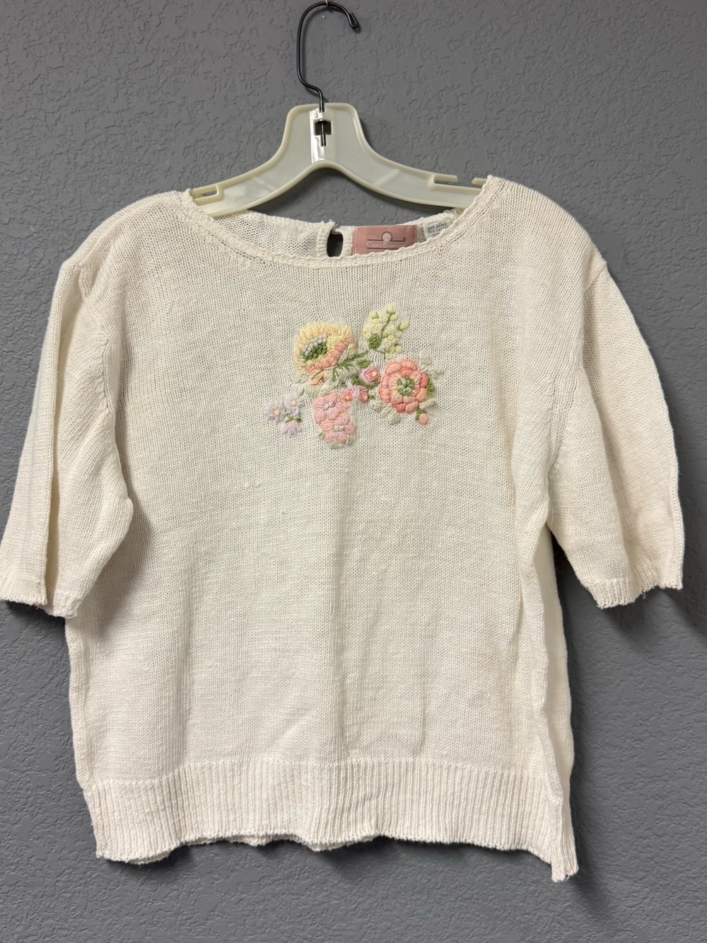 Classic Directions Cream Knit Sweater with Pink & Green Floral Embroidery